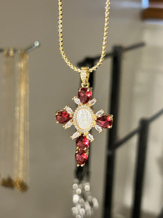 “Jumbo RED + GOLD Virgin Mary Cross" Necklace