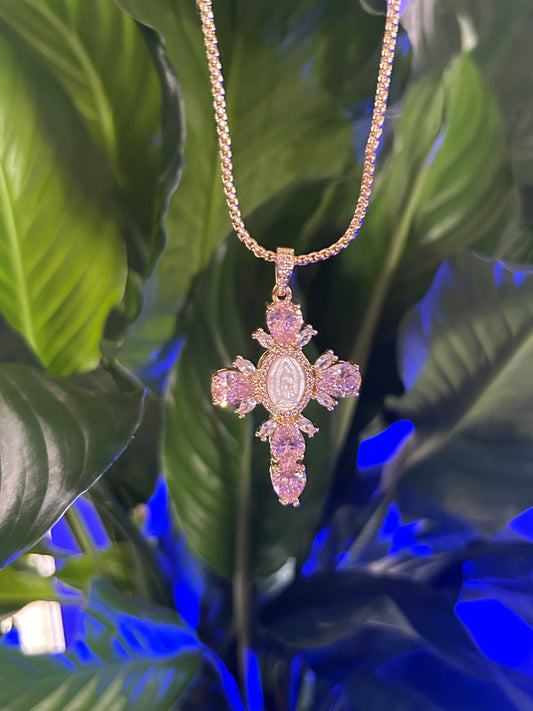 “Jumbo PINK + GOLD Virgin Mary Cross” Necklace